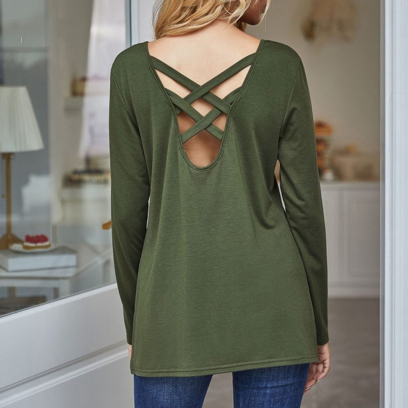 Autumn Women V-Neck Cutout Back Hollow Casual Solid Color Top - Image 2