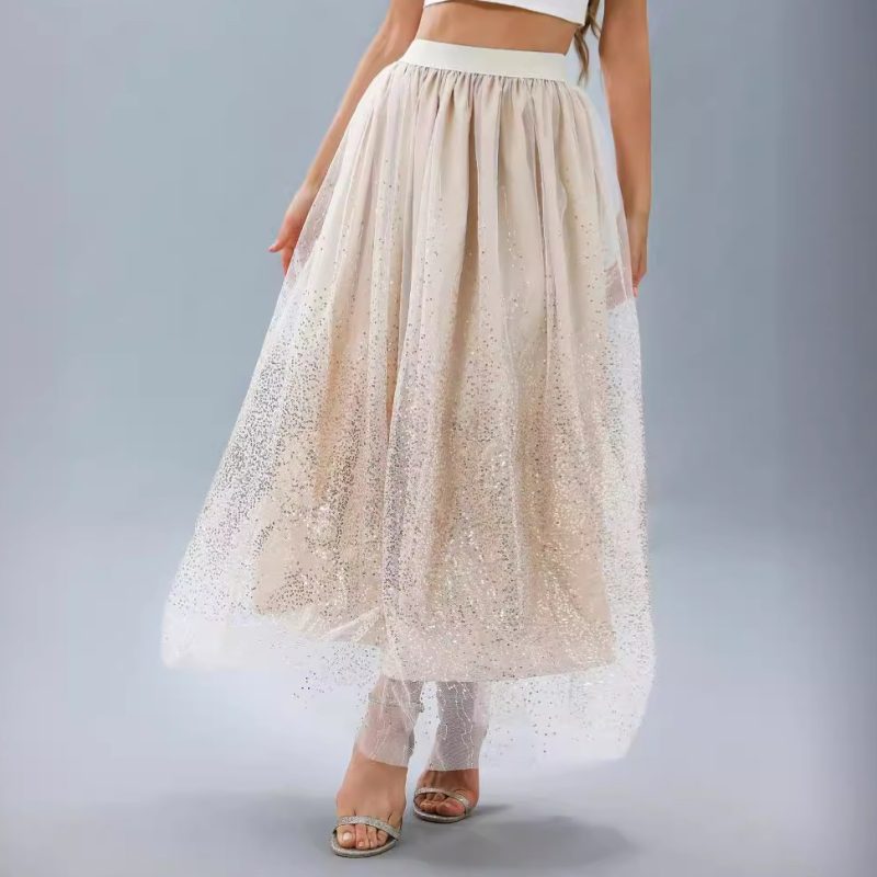 Spring Summer Women’s Flash Velvet High Waist Pleated Gradient Mesh Sequin Skirt - Image 3