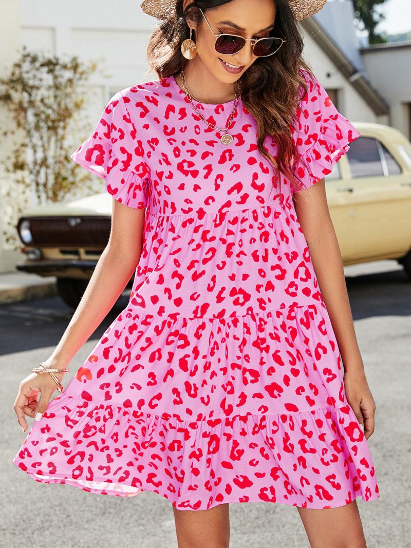Summer Leopard Print Floral Crew Neck Loose Dress for Women - Image 3