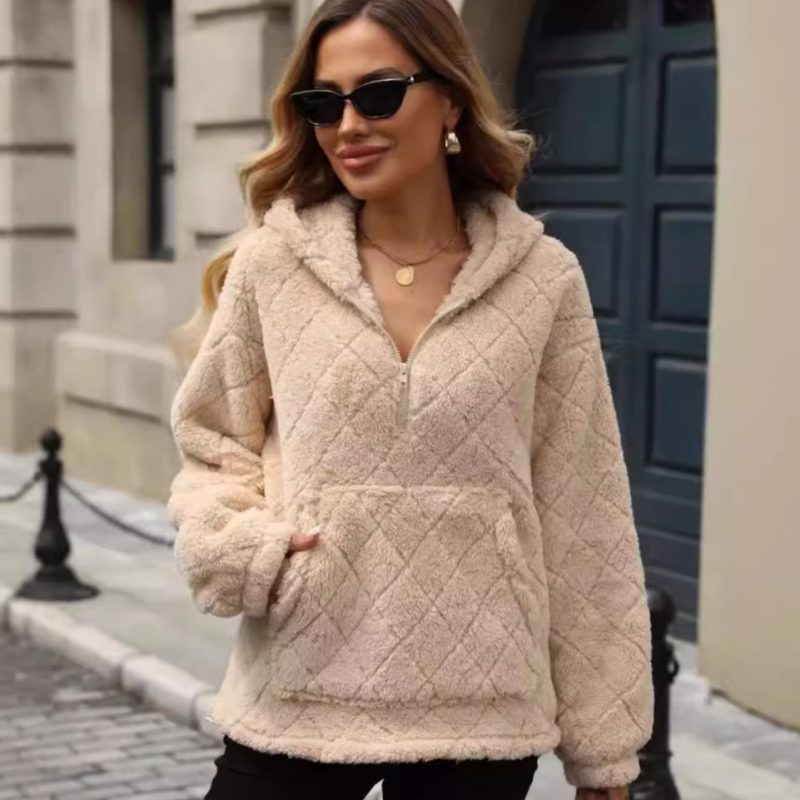 Women’s Autumn Winter Loose Half Zipper Pullover Hooded Fleece Sweatshirt
