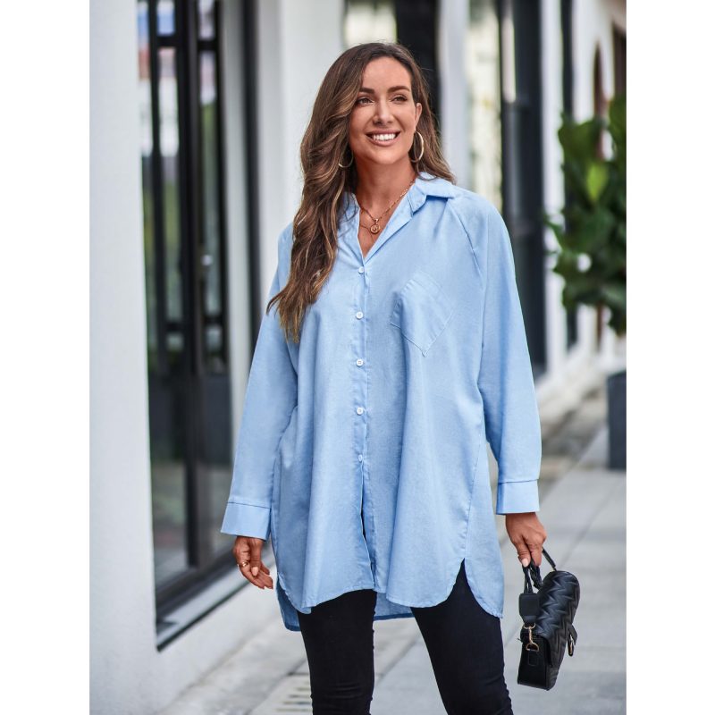 Solid Color Long Sleeve Back Button Shirt for Women