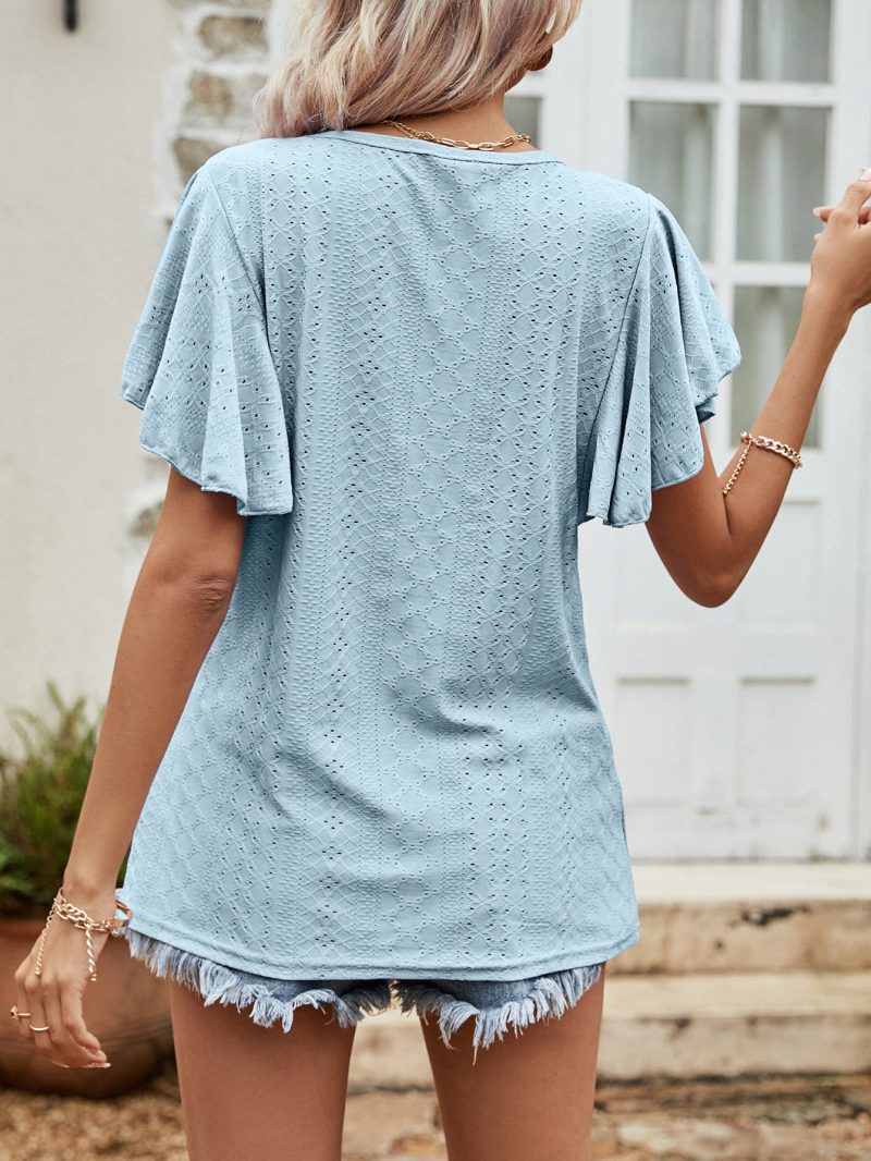 Summer Women’s Hollow Out Cutout Round Neck Ruffle Sleeve Casual T-Shirt - Image 4