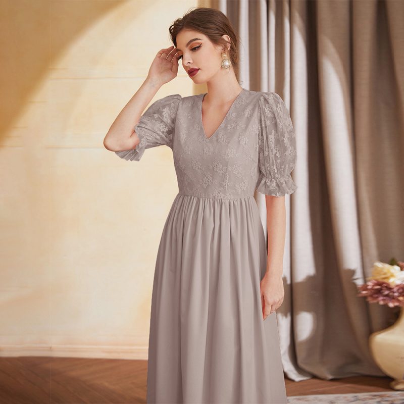 Short Sleeve Lantern Sleeve V-Neck High Waist Embroidered Mesh Maxi Dress - Image 2