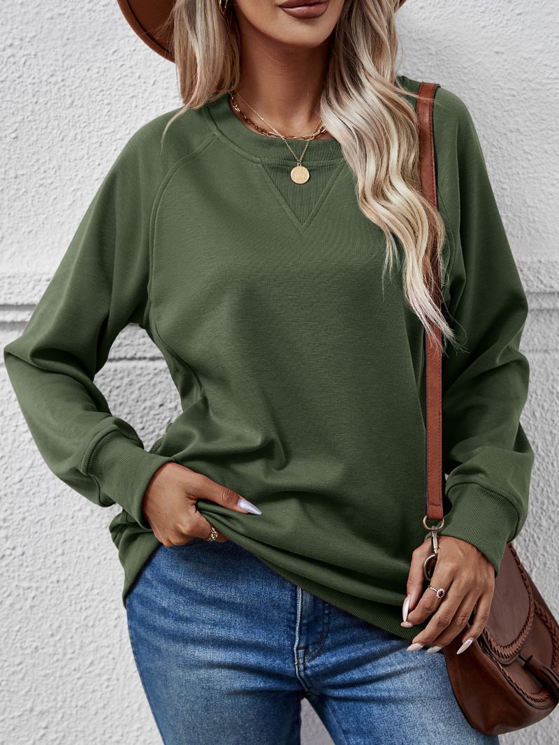 Solid Color Round Neck Long Sleeve Pocket Sweater for Women - Image 3