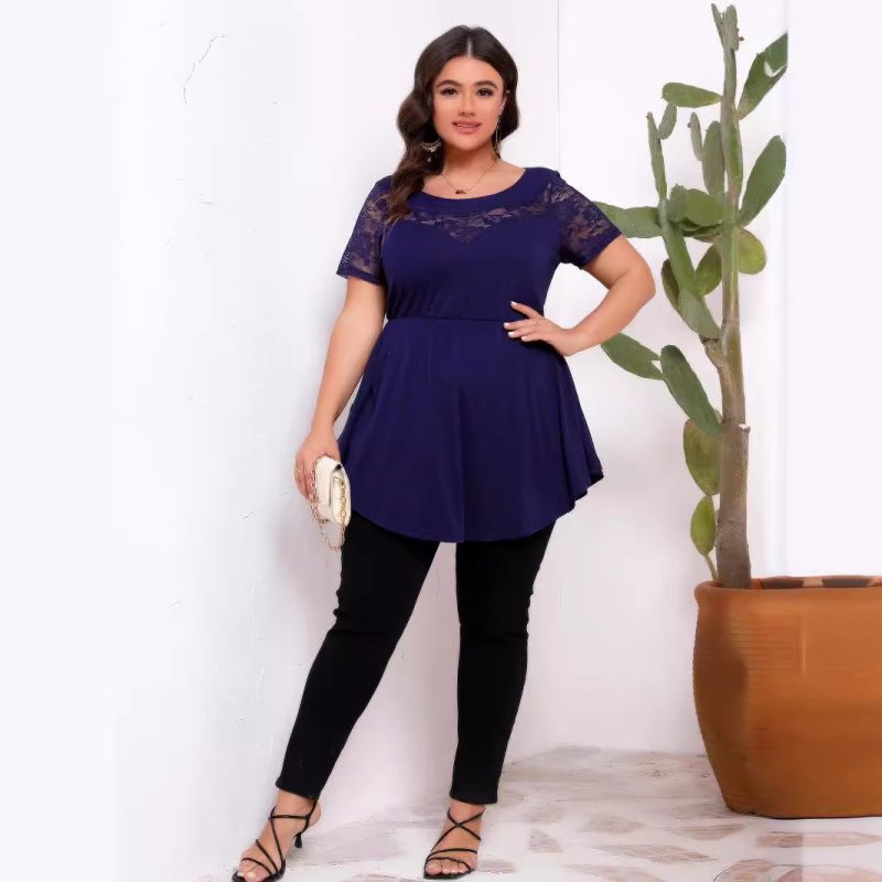 Plus Size Women’s Elastic Lace Patchwork Waist Slimming Round Neck Short Sleeve Top