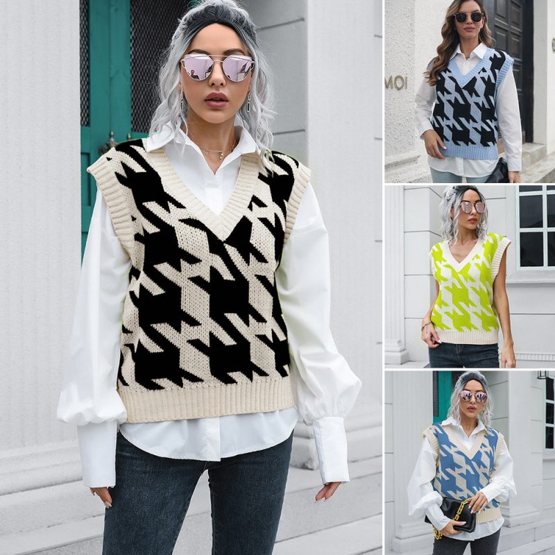 Houndstooth V-Neck Vest Sweater for Women – Autumn Winter Knitwear - Image 4