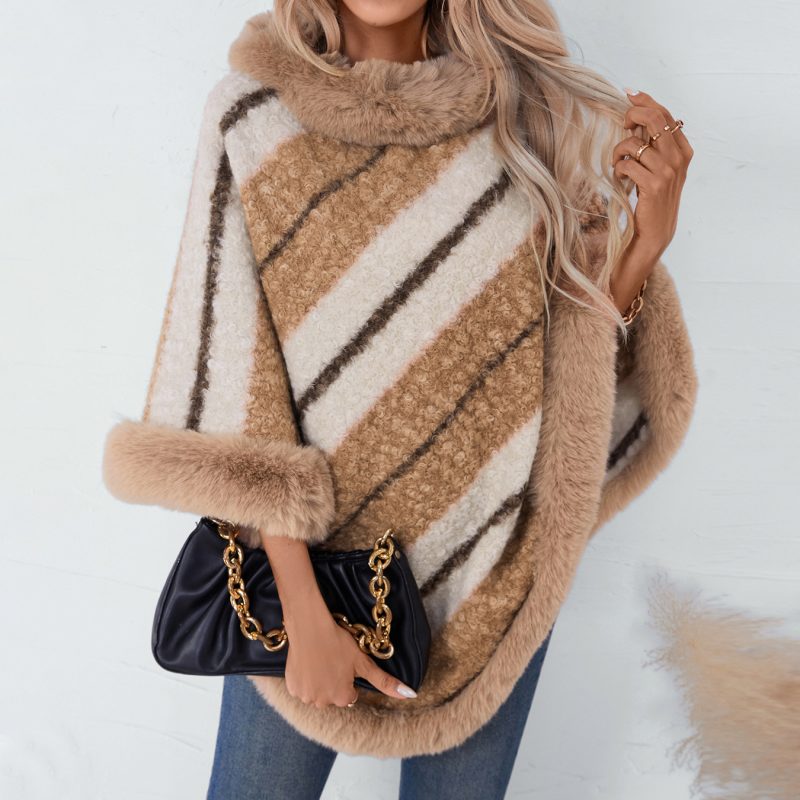 Women's Striped Pullover Cape Sweater - Fur Collar Knitwear