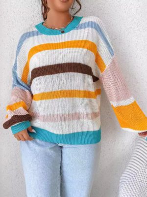 Autumn Winter Color Stripes Round Collar Sweater