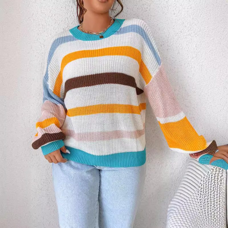 Autumn Winter Color Stripes Round Collar Sweater