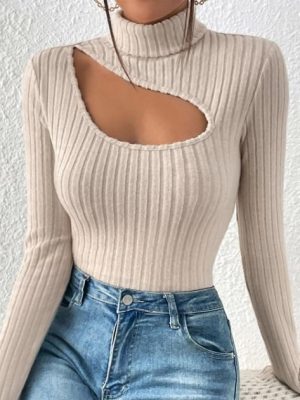 Autumn Hollow Out Turtleneck Fitted T-Shirt – Long Sleeve for Women