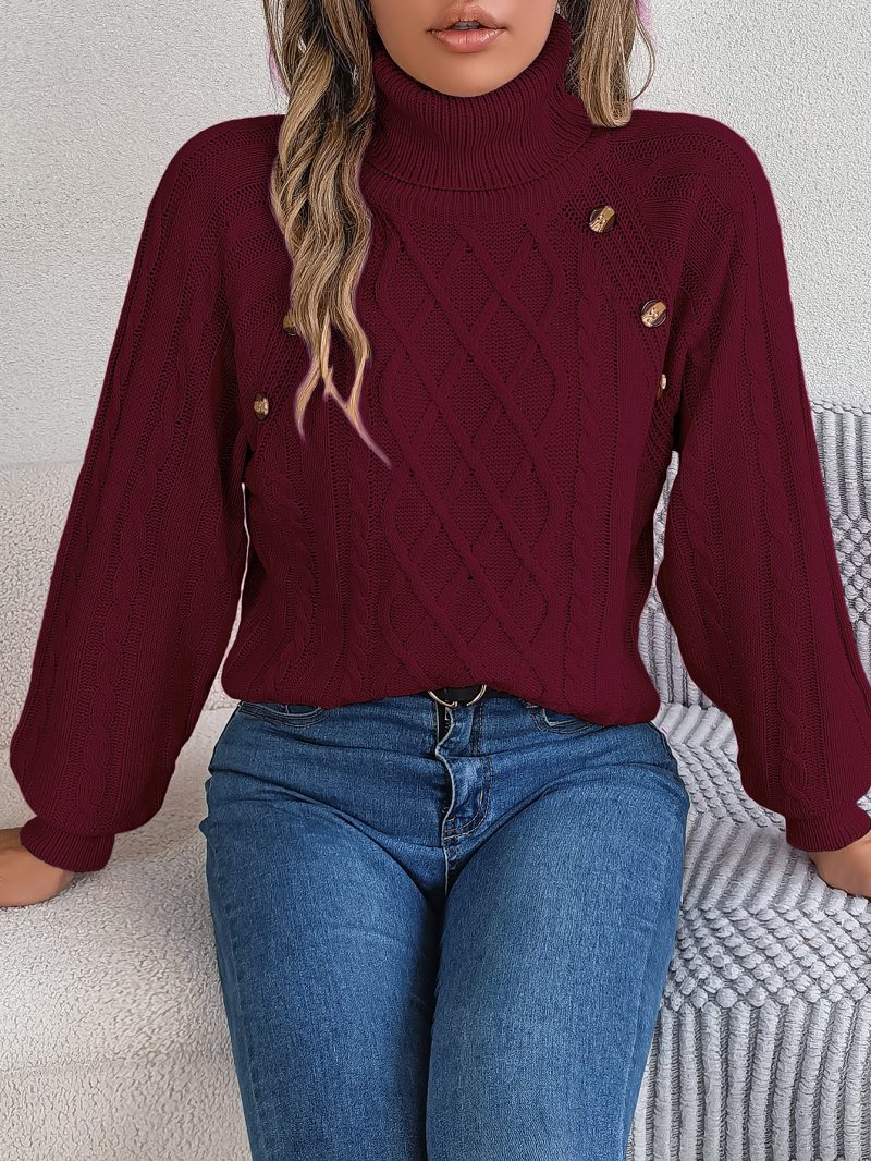 Casual Solid Color Cable Knit Turtleneck Lantern Sleeve Sweater - Image 4