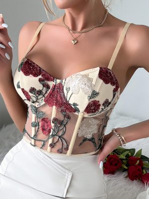 Retro Floral Embroidered Net Yarn Boning Corset Vest