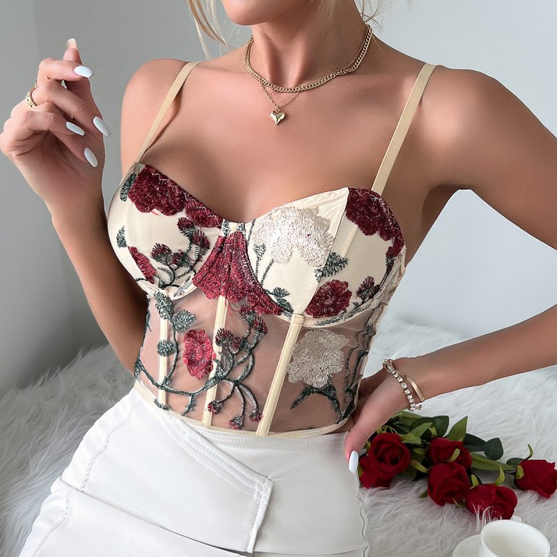 Retro Floral Embroidered Net Yarn Boning Corset Vest