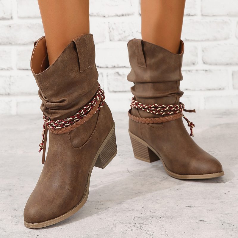 Women's Tassel Boots with Chunky Heels and Round Heads - Image 4