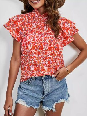 Women’s Half Turtleneck Double Layer Sleeve Casual Loose Printed Short Sleeve Top