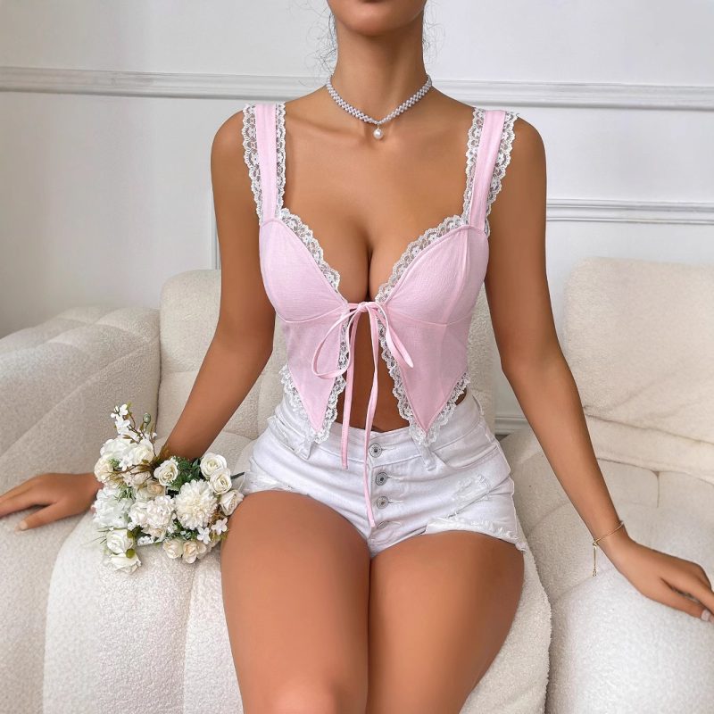 Lace Stitching Slim Fitting Sling Tank Top - Sexy Women's Wear