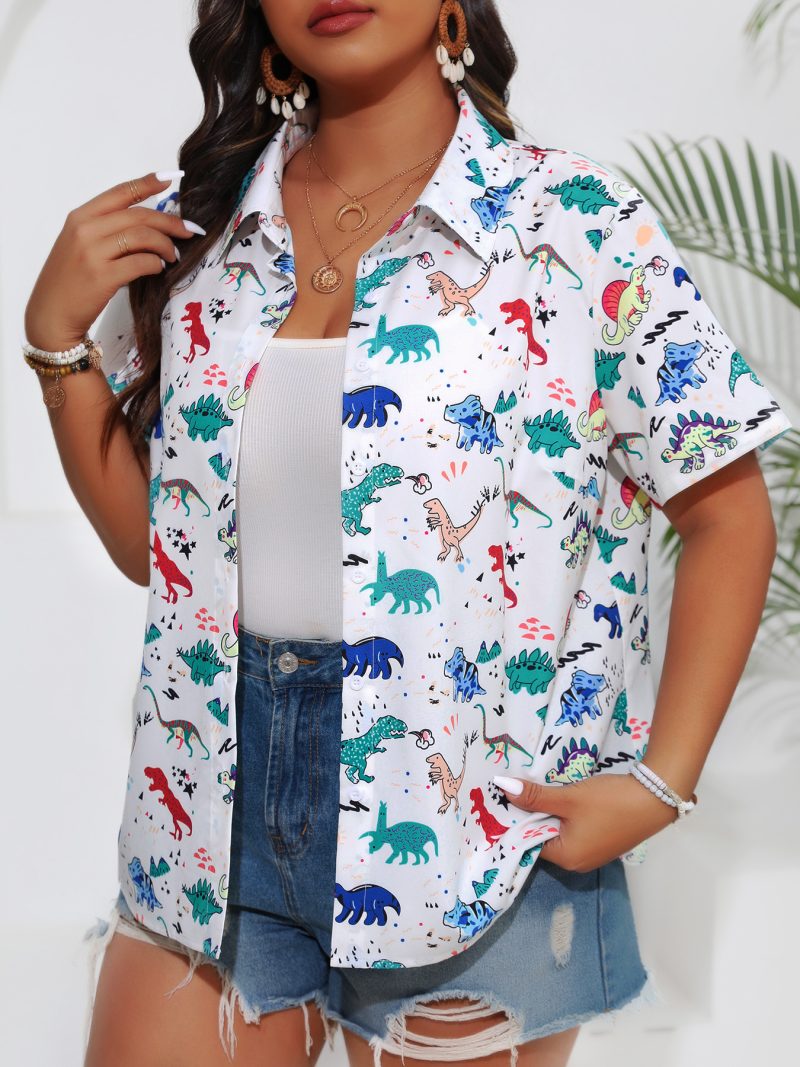 Plus Size Summer Digital Print Button-Up Short Sleeve Shirt for Women - Image 3
