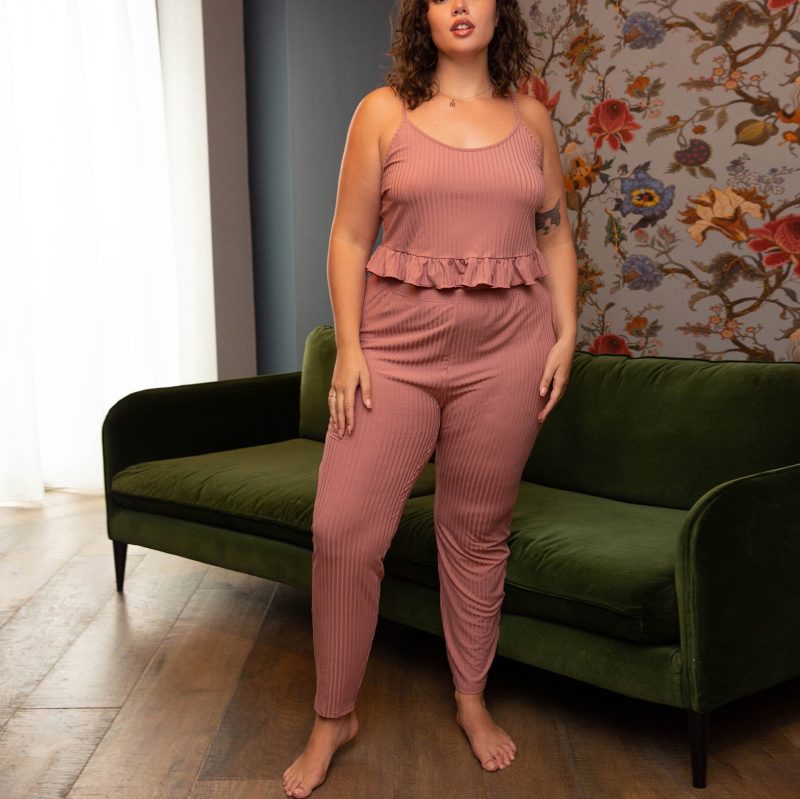 Sunken Stripe Rib Pajama Set with Suspenders and Trousers
