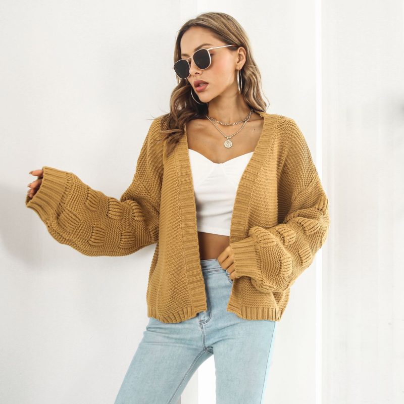 Three-Dimensional Bubble Lantern Sleeve Loose Knitted Cardigan