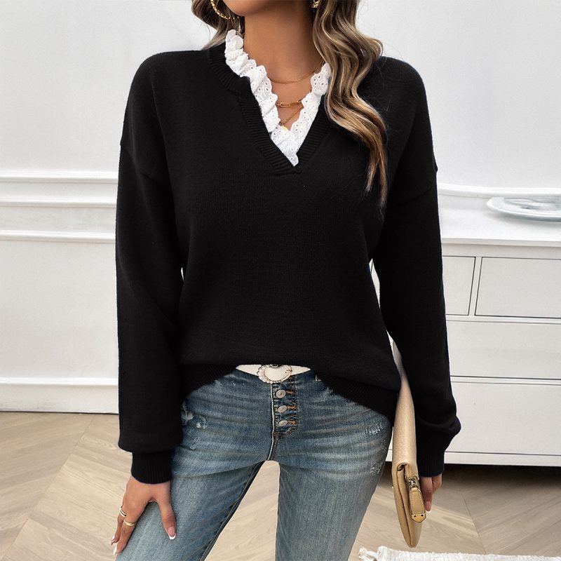 Loose Lace V-Neck Sweater – Women’s Autumn Winter Top - Image 3