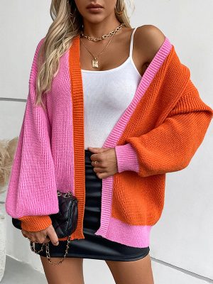 Women’s Color Matching Knit Cardigan – Loose Long Sleeve Sweater