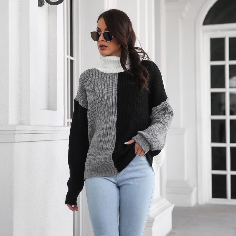 Color Block Turtleneck Drop-Shoulder Knit Sweater - Image 2