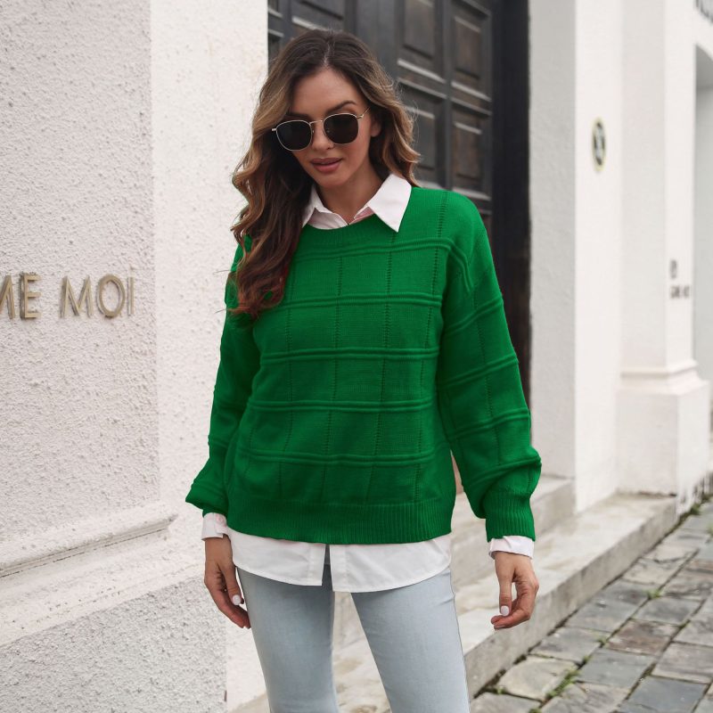 Loose Long Sleeve Plaid Sweater for Women - Autumn Winter Knitwear - Image 2