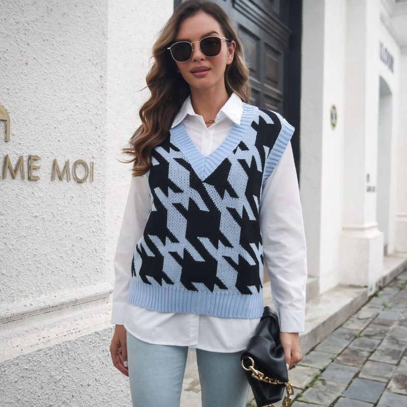 Houndstooth V-Neck Vest Sweater for Women – Autumn Winter Knitwear