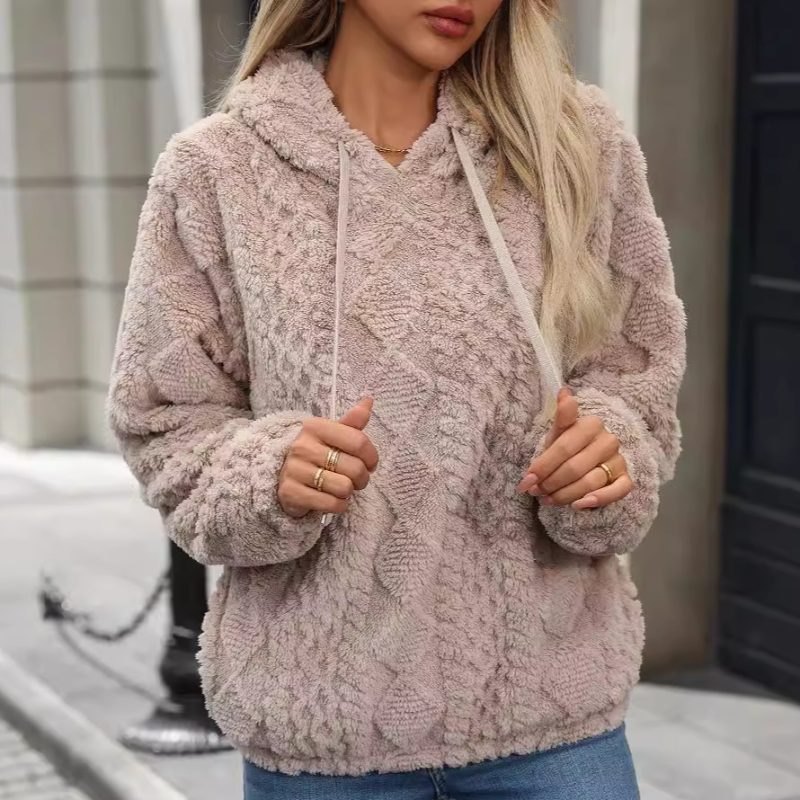 Women’s Autumn Winter Plush Jacquard Fabric Long Sleeve Loose Hooded Pullover Sweater - Image 4