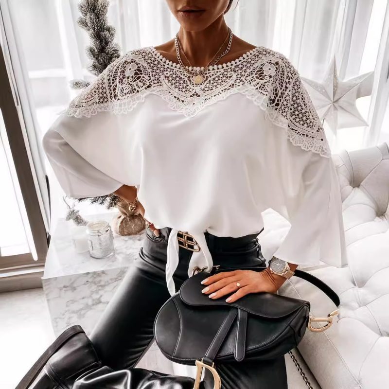 Long Sleeve Lace Shirt: Solid Color Office Top for Spring & Autumn - Image 2