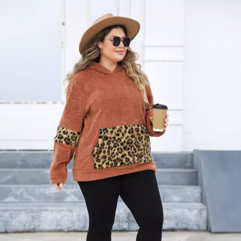 Plus Size Hooded Leopard Pocket Thick Fleece Sweatshirt for Women - Image 3