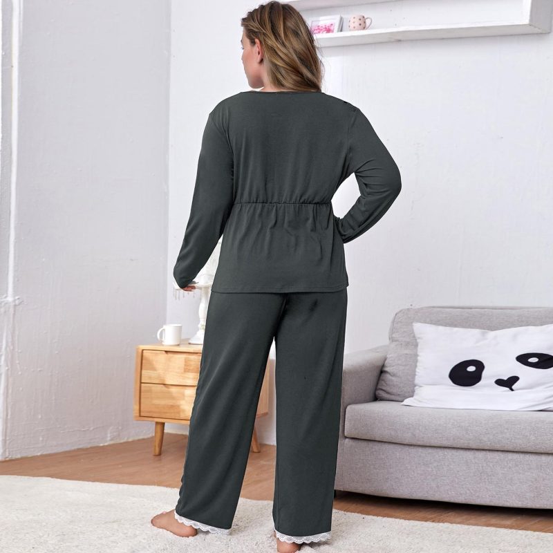 Plus Size Autumn Winter Two-Piece Lace Stitching Homewear Set - Image 4