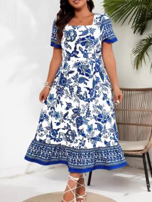 Plus Size Ethnic Blue and White Positioning Maxi Dress