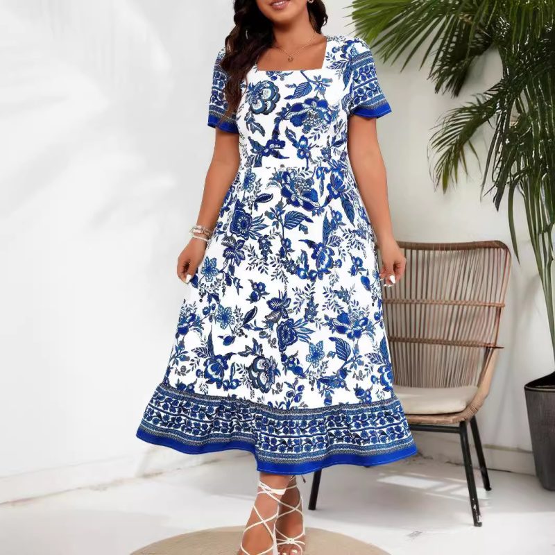 Plus Size Ethnic Blue and White Positioning Maxi Dress
