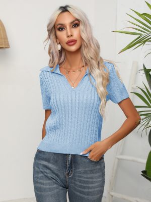 Twist Collared Short Sleeved Sweater for Women