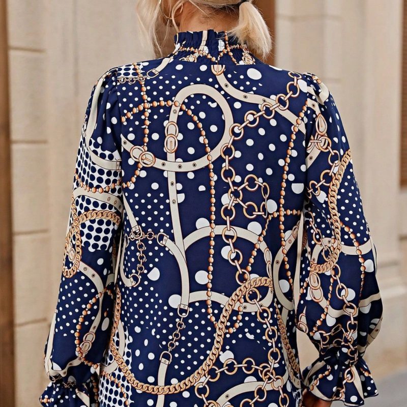 Chic Pullover Shirt with Puff Sleeves and Spotted Totem Chain Print - Image 2