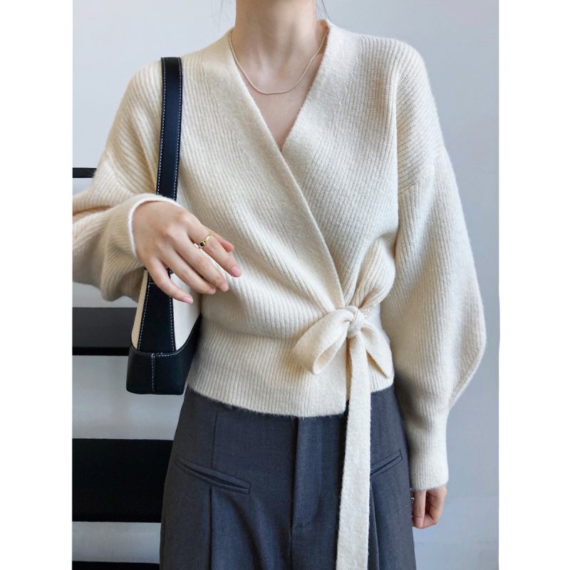French Retro V-Neck Lace-Up Knitted Cardigan for Women