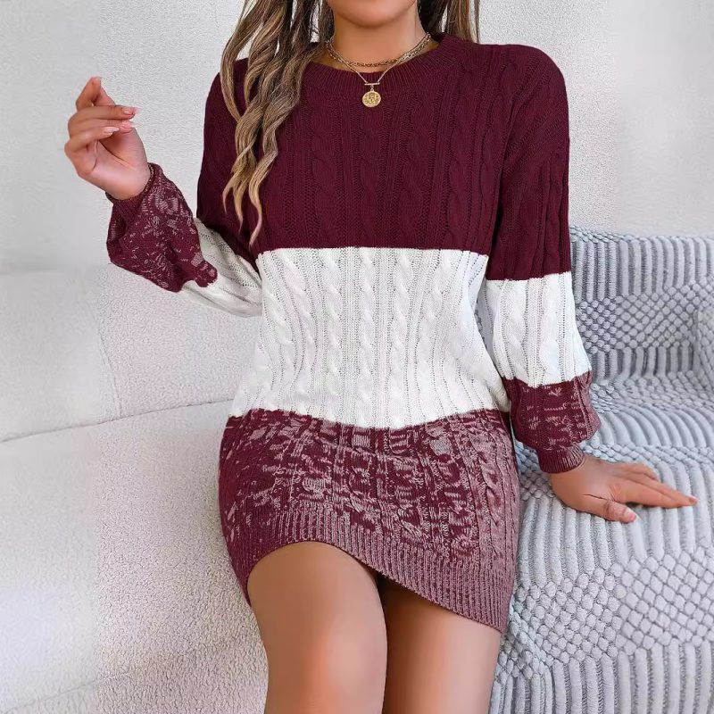 Casual Color Matching Twist Lantern Sleeve Woolen Dress for Women - Image 3