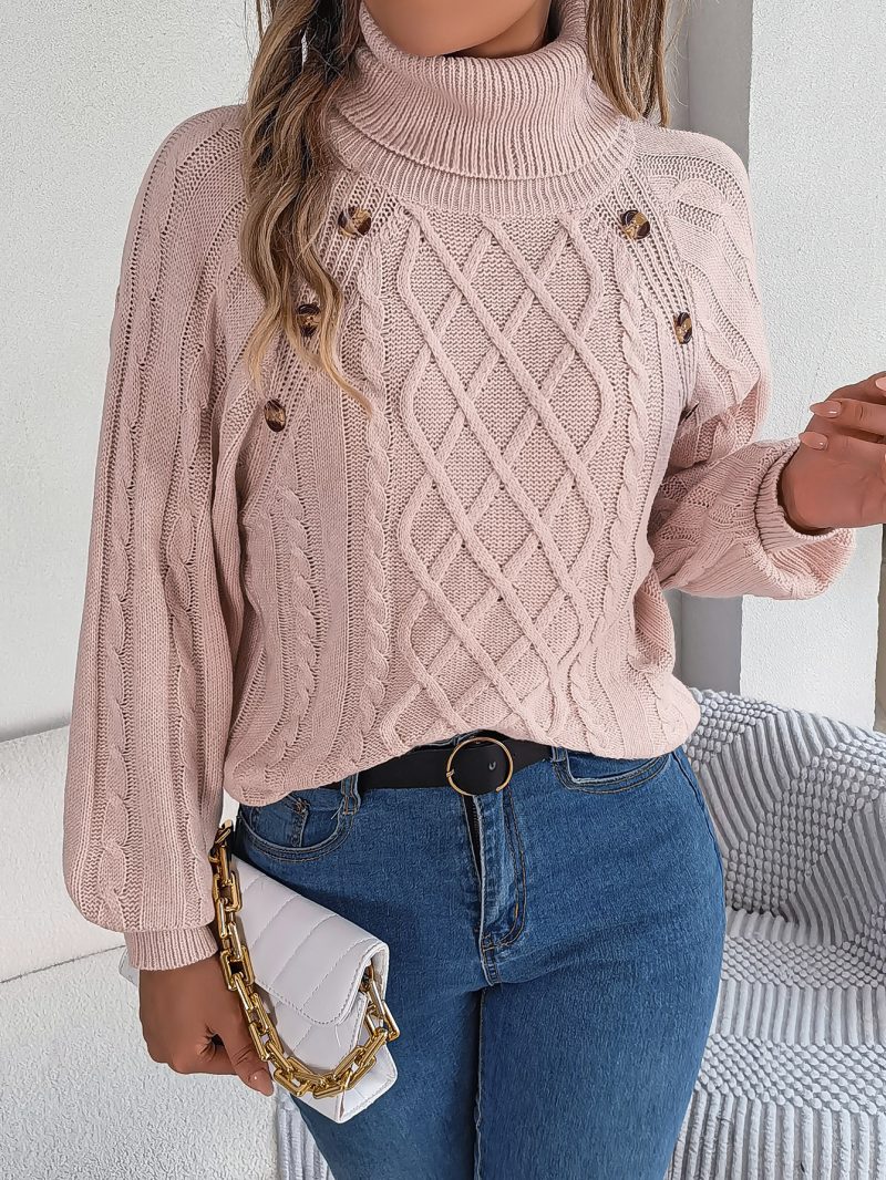 Casual Solid Color Cable Knit Turtleneck Lantern Sleeve Sweater - Image 3