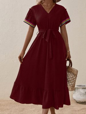 Mid-Length Short Sleeve Solid Color Dress for Summer