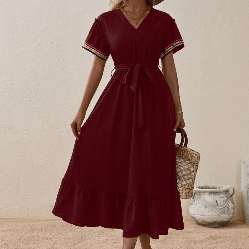 Mid-Length Short Sleeve Solid Color Dress for Summer