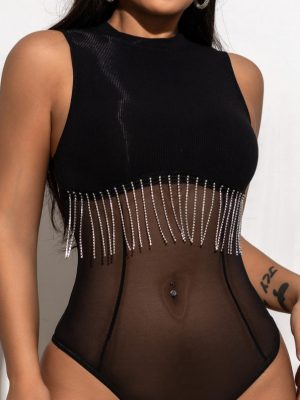 Summer Sexy Mesh Stitching Jumpsuit with Diamond Chain Tassel