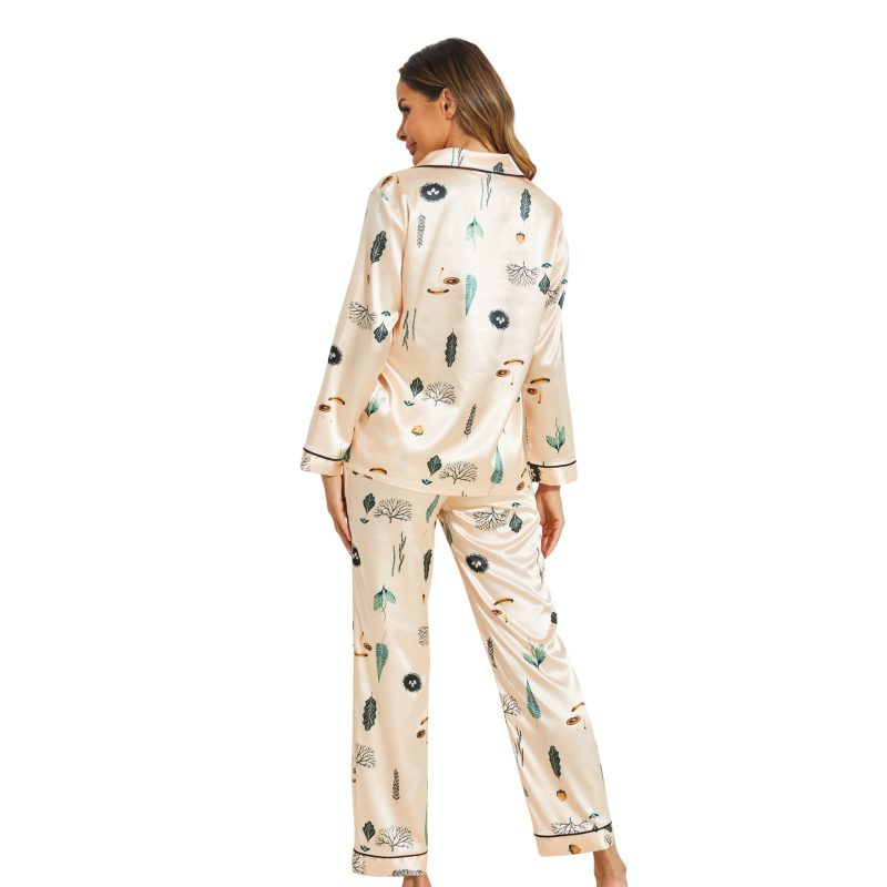 Fall Winter Silk Satin Printed Pajamas Suit for Women - Image 3
