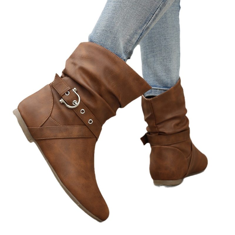 Flat Rivet Short Boots for Women with Belt Buckle - Brown - Image 5