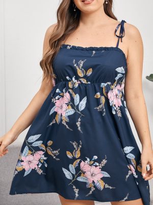 Plus Size Summer Printed Slip Dress with Front Pleats for Homewear