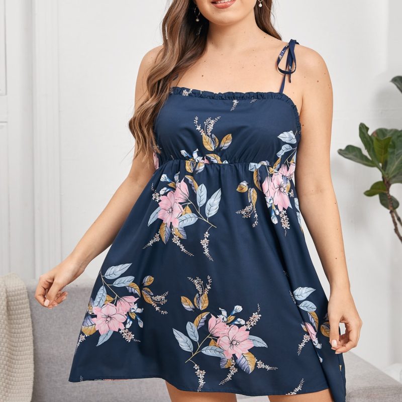 Plus Size Summer Printed Slip Dress with Front Pleats for Homewear