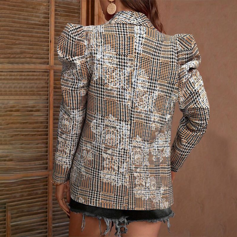 Elegant Office Printed Puff Sleeve Pleated Loose Long Sleeve Blazer Top for Women - Image 4