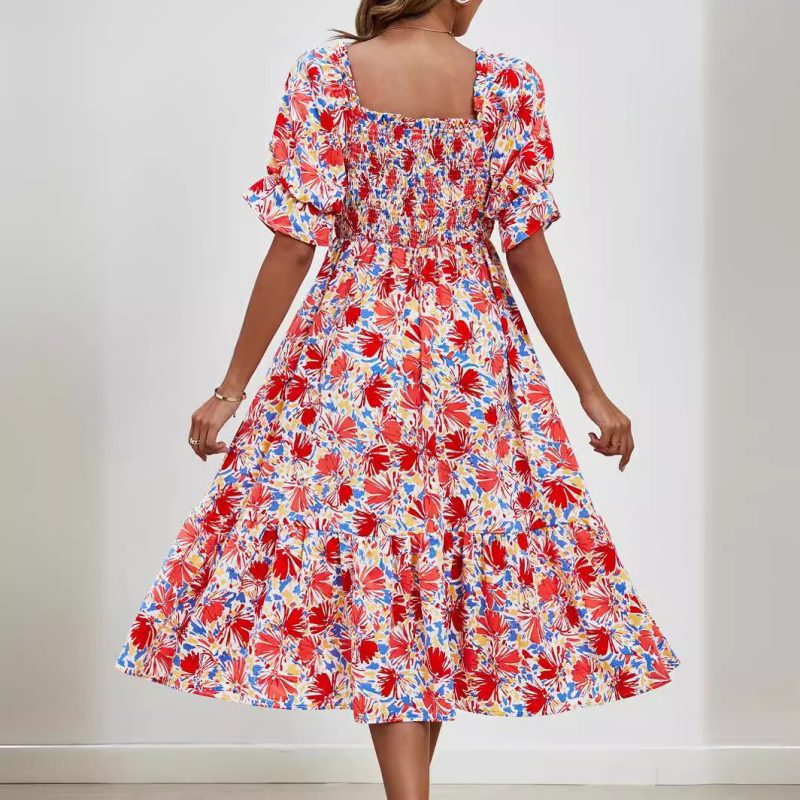 Pleated Square Collar Puff Sleeve Smocking Printed Dress - Image 3