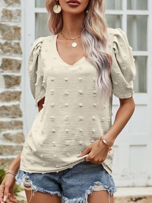 Women’s Summer V Neck Short Sleeve T-Shirt with Puff Sleeves