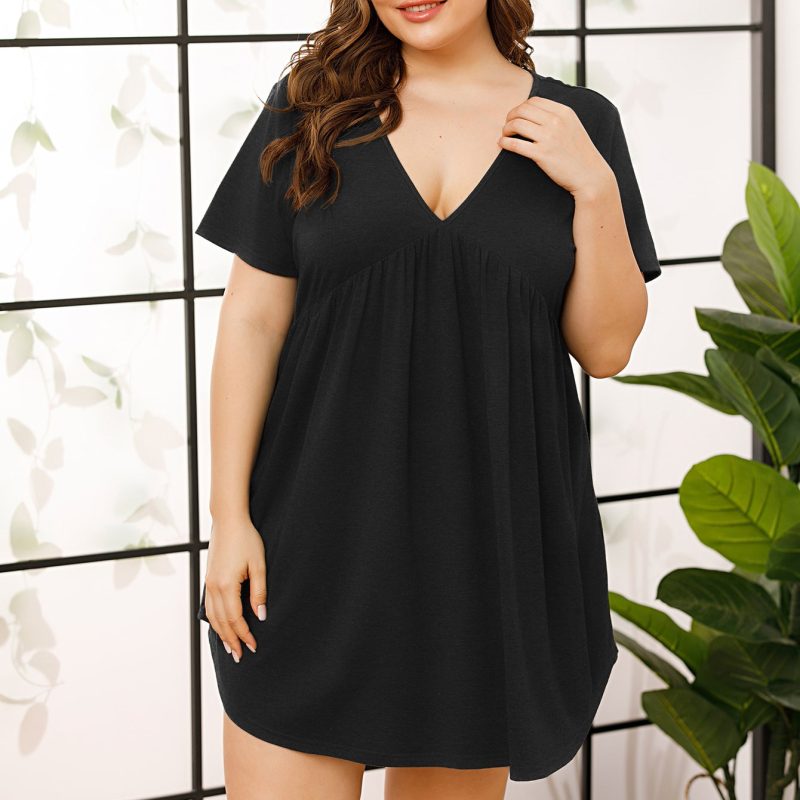Plus Size Short Sleeved V-Neck Pleated Cotton-Like Homewear Nightdress - Image 3